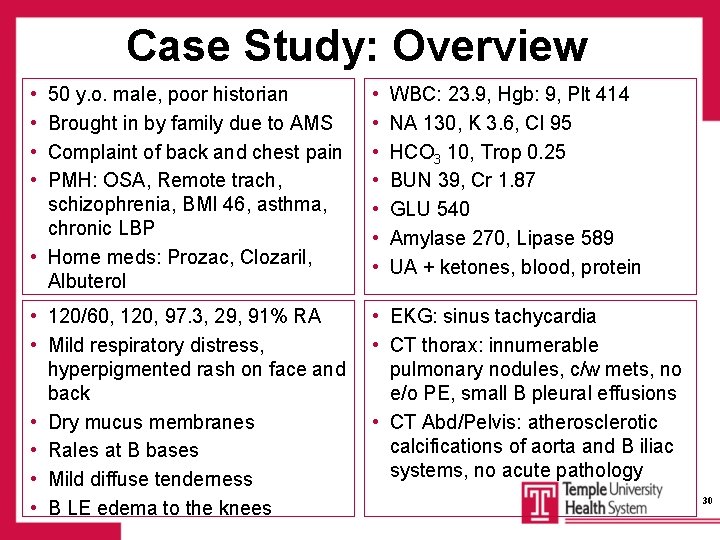 Case Study: Overview • • 50 y. o. male, poor historian Brought in by