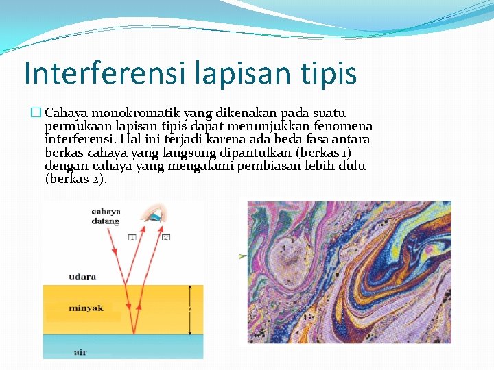 Interferensi lapisan tipis � Cahaya monokromatik yang dikenakan pada suatu permukaan lapisan tipis dapat