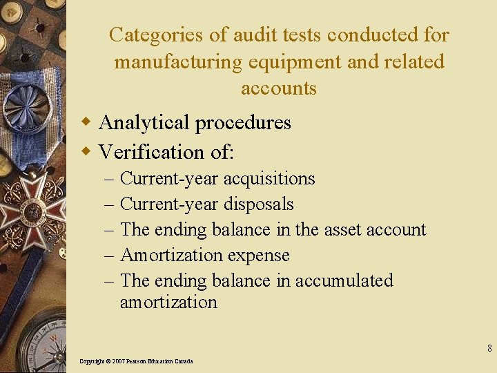 Categories of audit tests conducted for manufacturing equipment and related accounts w Analytical procedures
