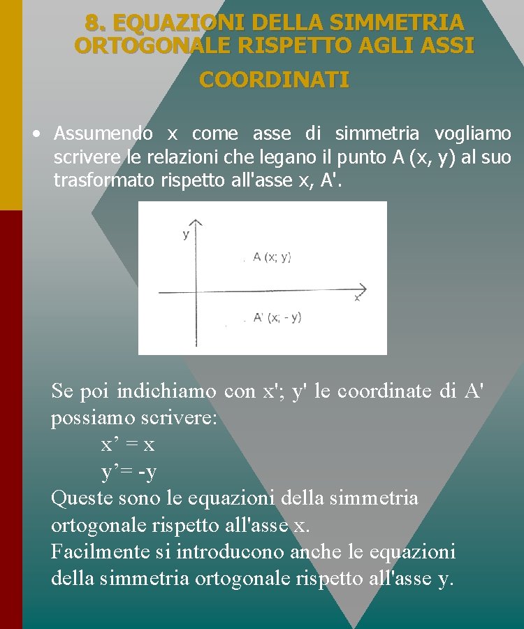 8. EQUAZIONI DELLA SIMMETRIA ORTOGONALE RISPETTO AGLI ASSI COORDINATI • Assumendo x come asse 8. EQUAZIONI DELLA SIMMETRIA ORTOGONALE RISPETTO AGLI ASSI COORDINATI • Assumendo x come asse