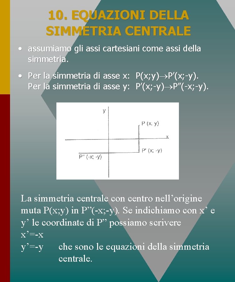 10. EQUAZIONI DELLA SIMMETRIA CENTRALE • assumiamo gli assi cartesiani come assi della simmetria. 10. EQUAZIONI DELLA SIMMETRIA CENTRALE • assumiamo gli assi cartesiani come assi della simmetria.