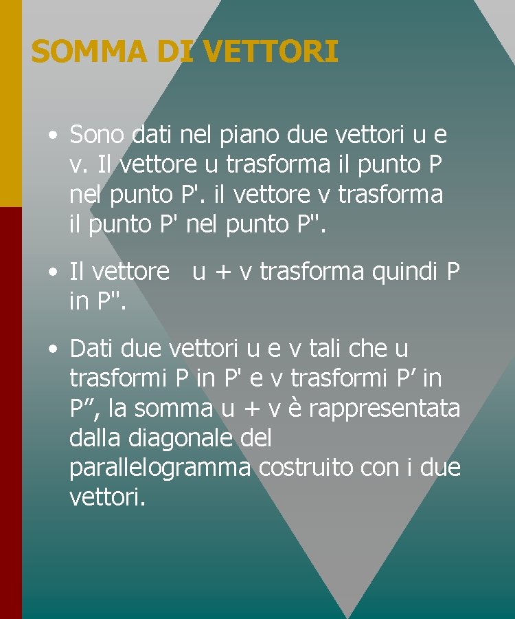SOMMA DI VETTORI • Sono dati nel piano due vettori u e v. Il SOMMA DI VETTORI • Sono dati nel piano due vettori u e v. Il