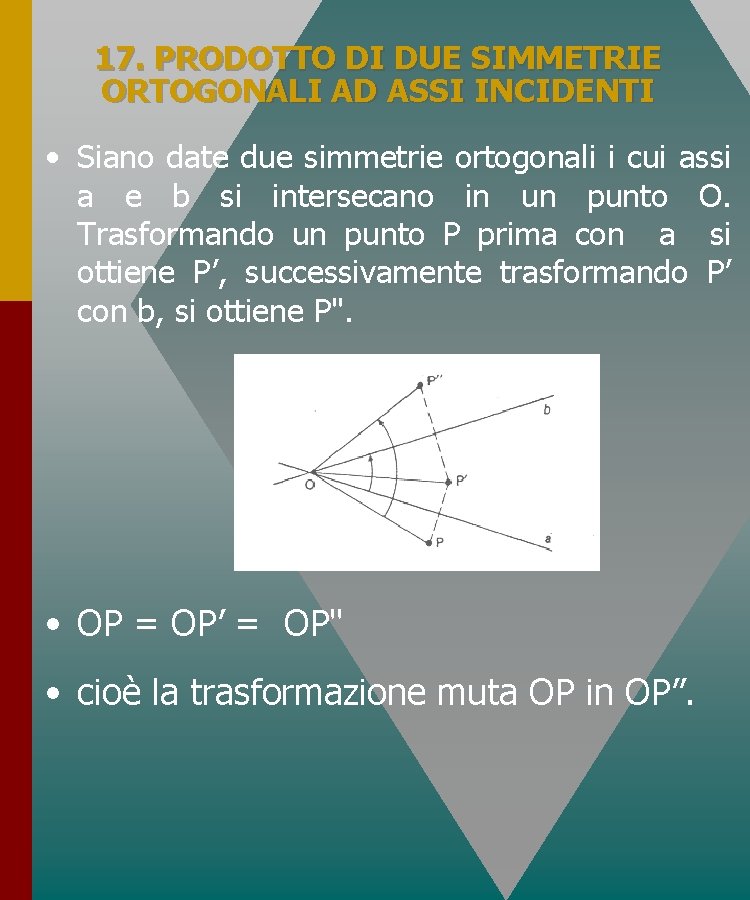 17. PRODOTTO DI DUE SIMMETRIE ORTOGONALI AD ASSI INCIDENTI • Siano date due simmetrie 17. PRODOTTO DI DUE SIMMETRIE ORTOGONALI AD ASSI INCIDENTI • Siano date due simmetrie