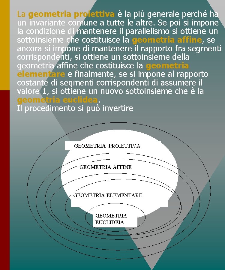 La geometria proiettiva è la più generale perché ha un invariante comune a tutte La geometria proiettiva è la più generale perché ha un invariante comune a tutte
