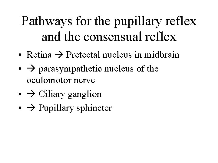 Pathways for the pupillary reflex and the consensual reflex • Retina Pretectal nucleus in