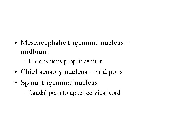  • Mesencephalic trigeminal nucleus – midbrain – Unconscious proprioception • Chief sensory nucleus