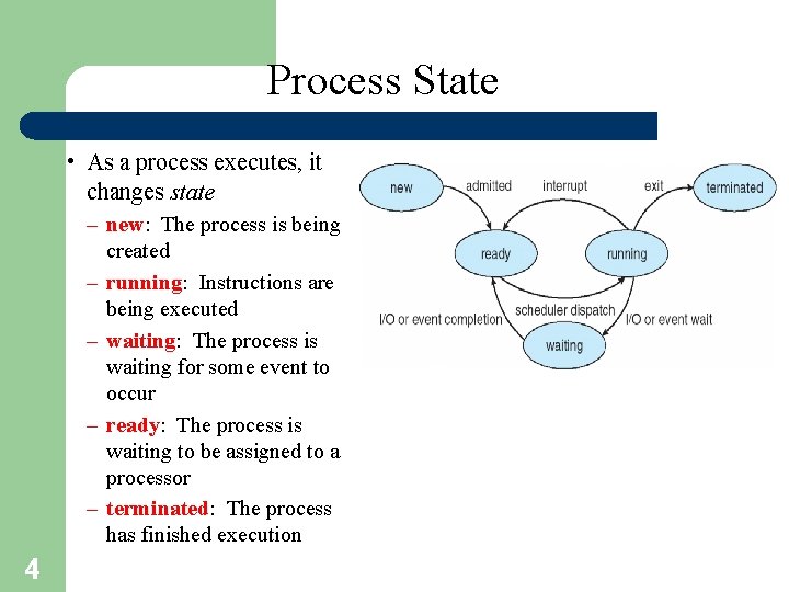Process State • As a process executes, it changes state – new: The process