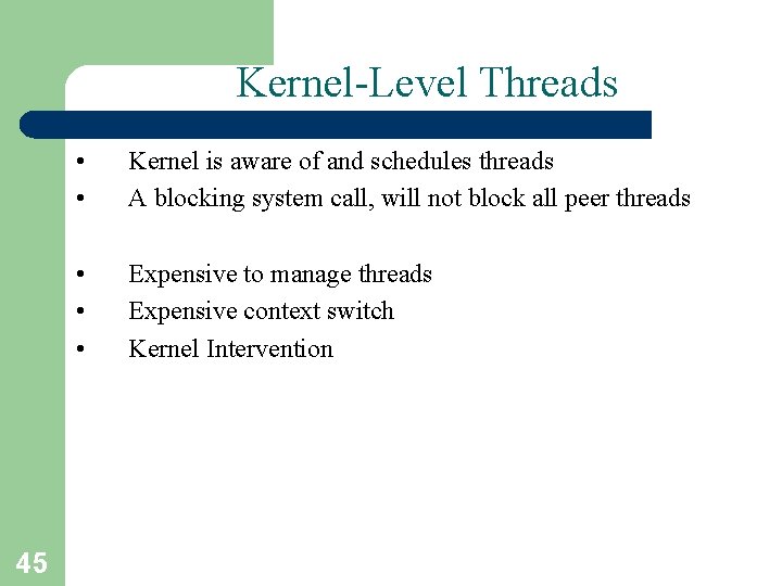 Kernel-Level Threads 45 • • Kernel is aware of and schedules threads A blocking