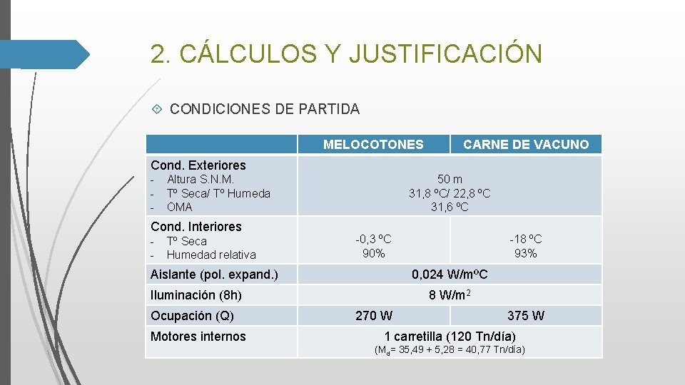 2. CÁLCULOS Y JUSTIFICACIÓN CONDICIONES DE PARTIDA MELOCOTONES CARNE DE VACUNO Cond. Exteriores -