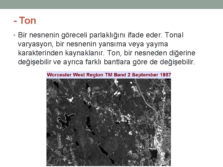 - Ton • Bir nesnenin göreceli parlaklığını ifade eder. Tonal varyasyon, bir nesnenin yansıma