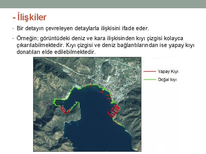 - İlişkiler • Bir detayın çevreleyen detaylarla ilişkisini ifade eder. • Örneğin; görüntüdeki deniz