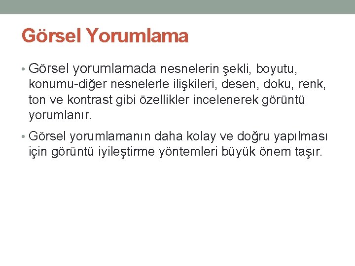 Görsel Yorumlama • Görsel yorumlamada nesnelerin şekli, boyutu, konumu-diğer nesnelerle ilişkileri, desen, doku, renk,