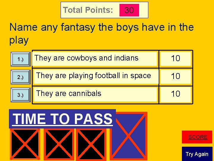 Total Points: 30 Name any fantasy the boys have in the play They are
