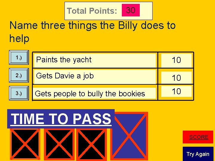 Total Points: 30 Name three things the Billy does to help 1. ) Paints