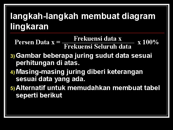 langkah-langkah membuat diagram lingkaran Frekuensi data x Persen Data x = x 100% Frekuensi langkah-langkah membuat diagram lingkaran Frekuensi data x Persen Data x = x 100% Frekuensi