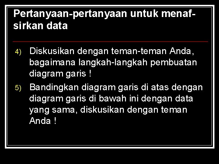 Pertanyaan-pertanyaan untuk menafsirkan data 4) 5) Diskusikan dengan teman-teman Anda, bagaimana langkah-langkah pembuatan diagram Pertanyaan-pertanyaan untuk menafsirkan data 4) 5) Diskusikan dengan teman-teman Anda, bagaimana langkah-langkah pembuatan diagram