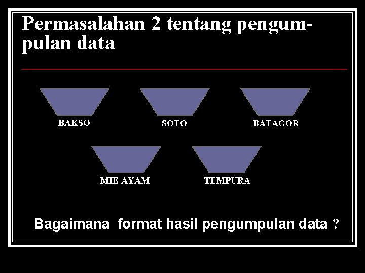 Permasalahan 2 tentang pengumpulan data BAKSO SOTO MIE AYAM BATAGOR TEMPURA Bagaimana format hasil Permasalahan 2 tentang pengumpulan data BAKSO SOTO MIE AYAM BATAGOR TEMPURA Bagaimana format hasil