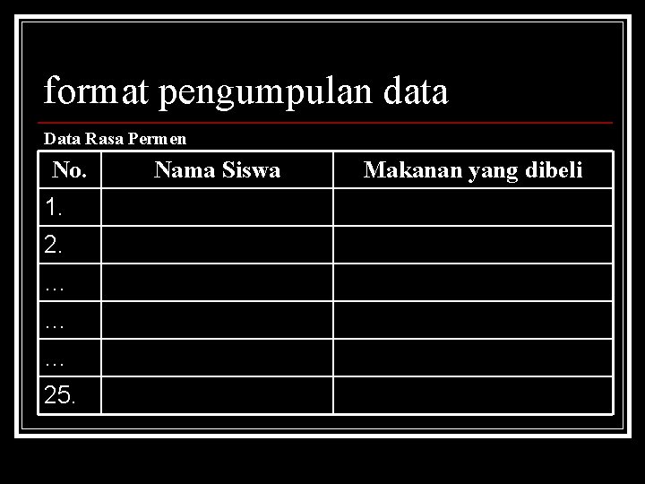 format pengumpulan data Data Rasa Permen No. 1. 2. … … … 25. Nama format pengumpulan data Data Rasa Permen No. 1. 2. … … … 25. Nama