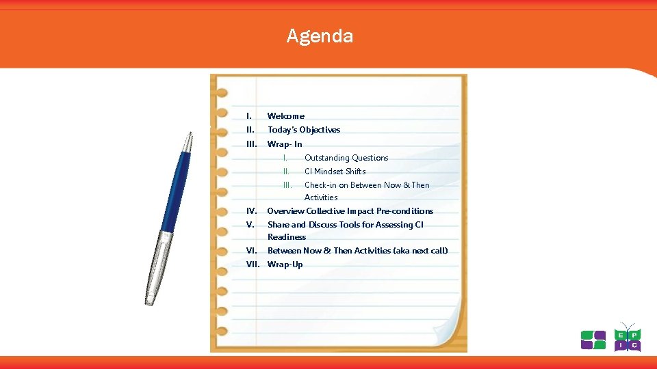 Agenda I. Welcome II. Today’s Objectives III. Wrap- In I. Outstanding Questions II. CI