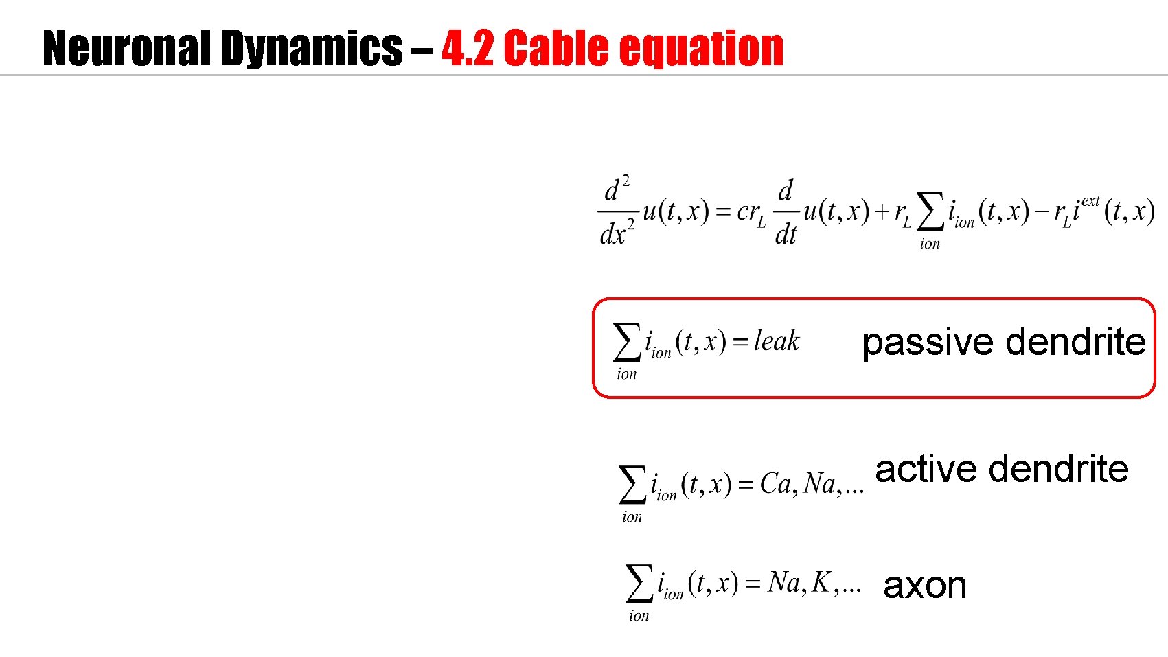 Neuronal Dynamics – 4. 2 Cable equation passive dendrite active dendrite axon 