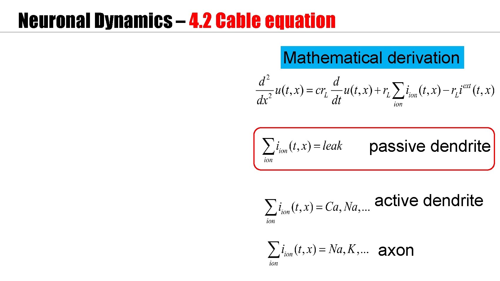 Neuronal Dynamics – 4. 2 Cable equation Mathematical derivation passive dendrite active dendrite axon