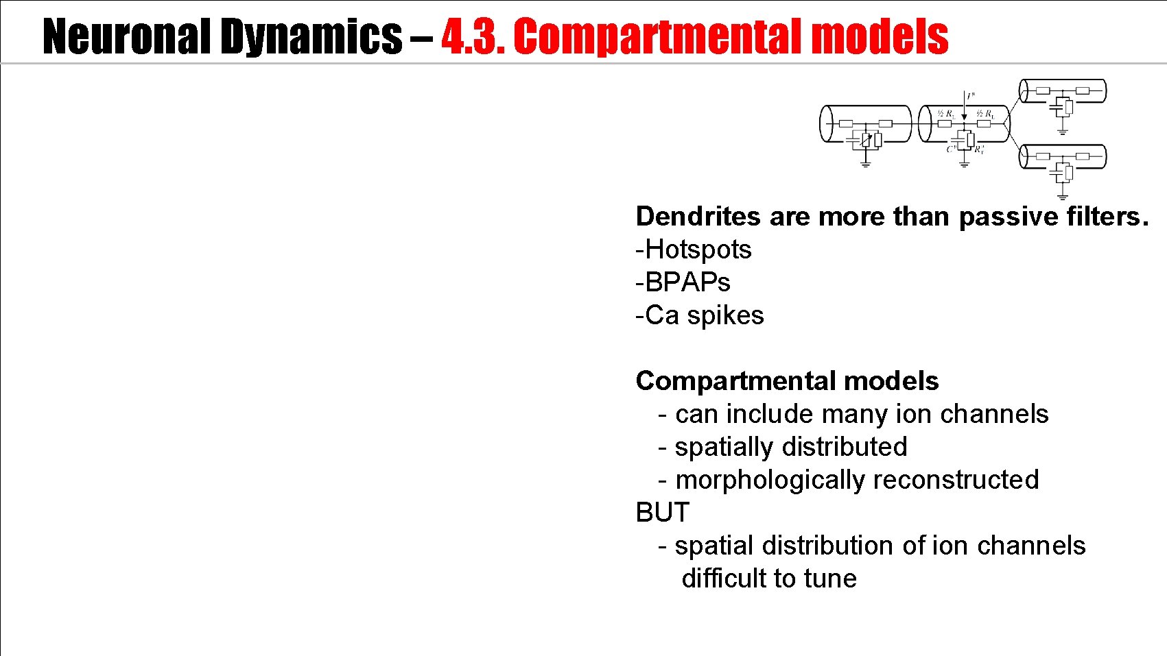 Neuronal Dynamics – 4. 3. Compartmental models Dendrites are more than passive filters. -Hotspots