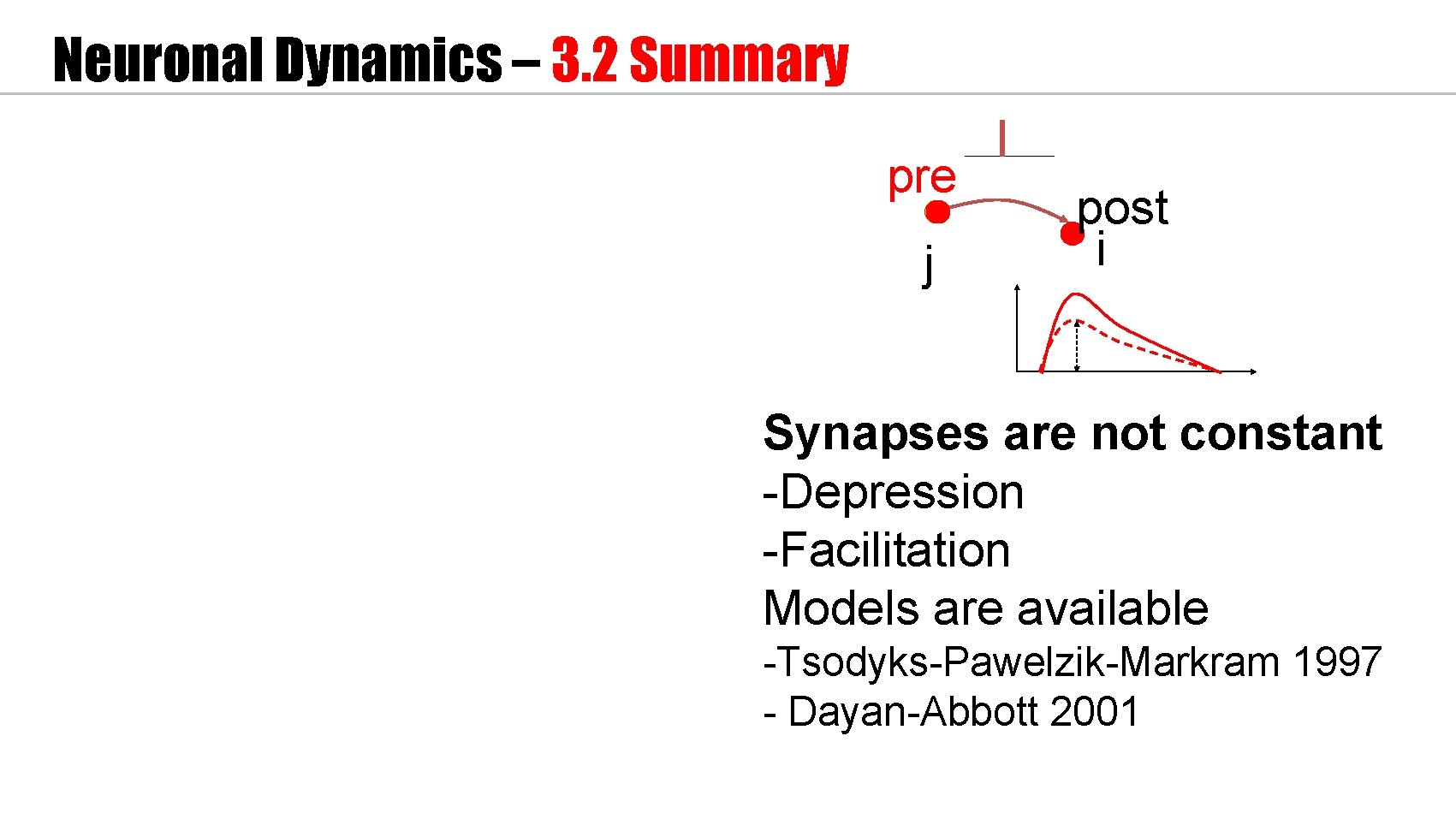 Neuronal Dynamics – 3. 2 Summary pre j post i Synapses are not constant