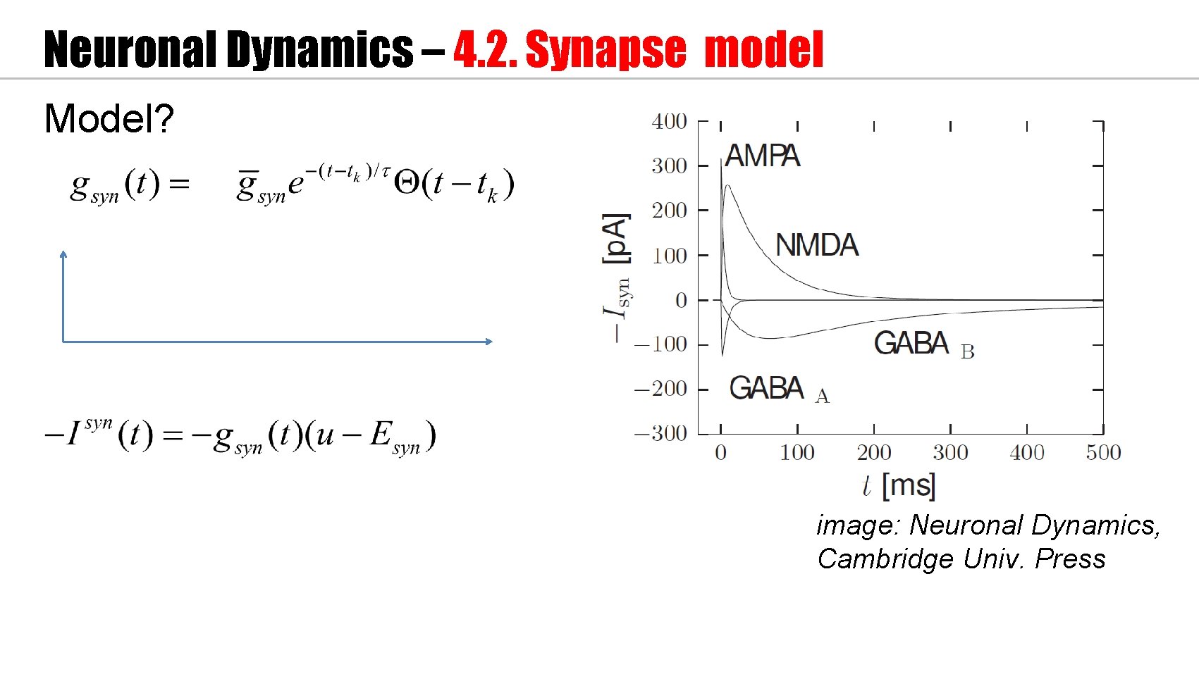 Neuronal Dynamics – 4. 2. Synapse model Model? image: Neuronal Dynamics, Cambridge Univ. Press