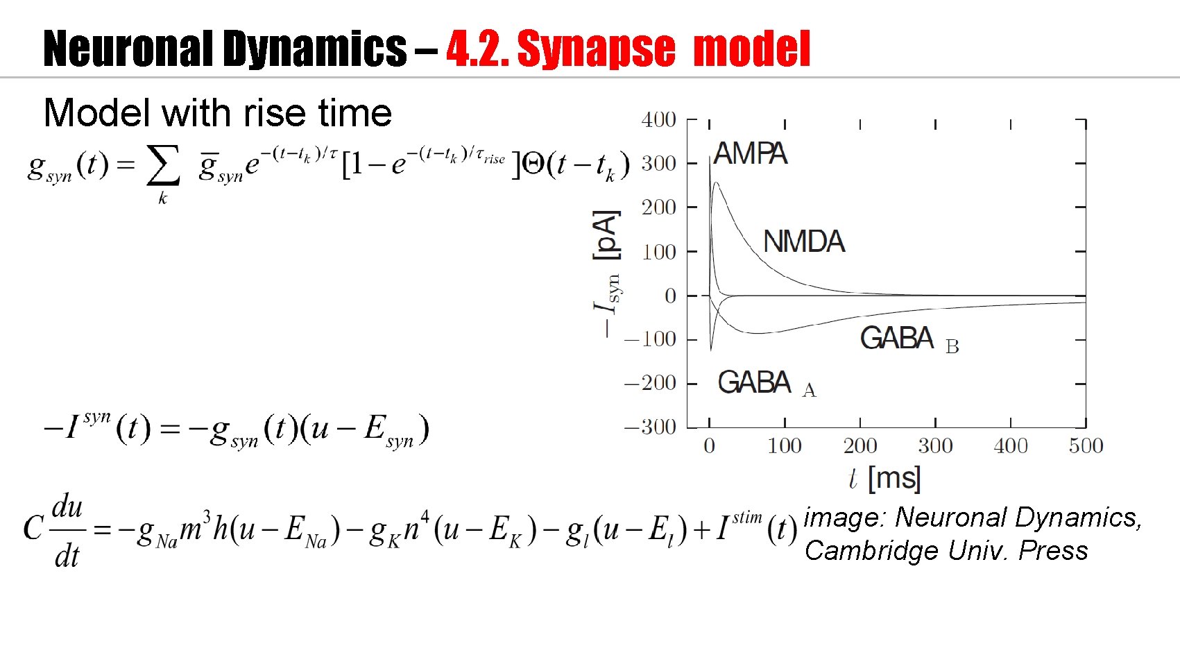 Neuronal Dynamics – 4. 2. Synapse model Model with rise time image: Neuronal Dynamics,