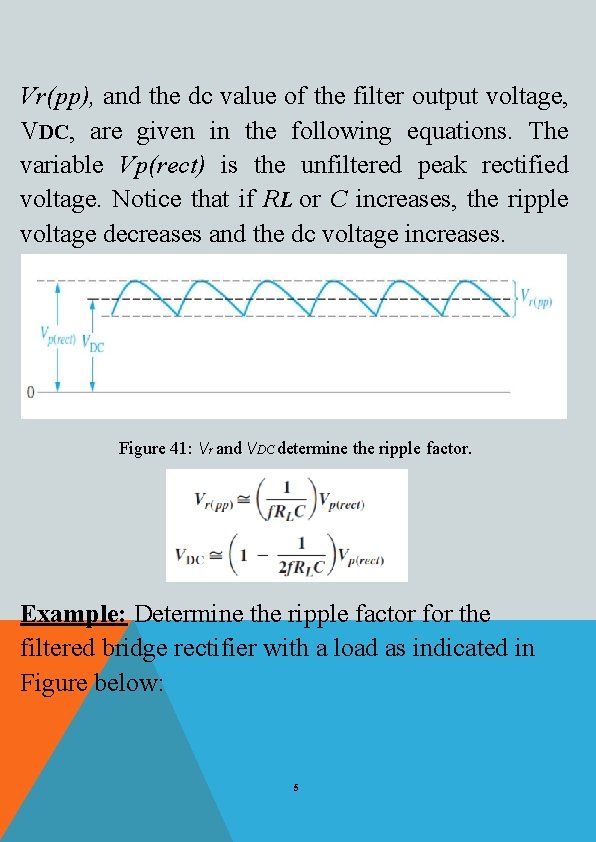 Vr(pp), and the dc value of the filter output voltage, VDC, are given in