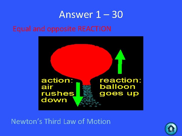 Answer 1 – 30 Equal and opposite REACTION Newton’s Third Law of Motion 