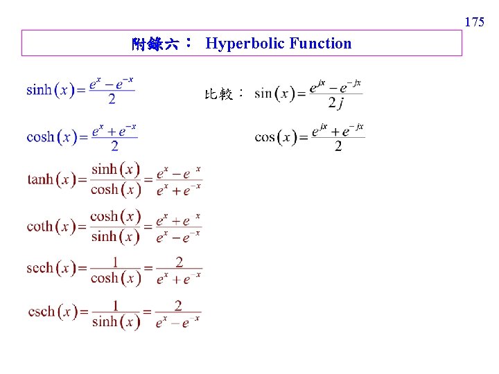 175 附錄六： Hyperbolic Function 比較： 