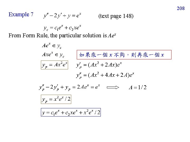 208 Example 7 (text page 148) From Form Rule, the particular solution is Aex