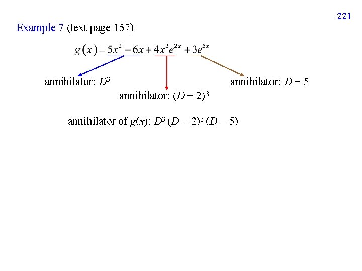 221 Example 7 (text page 157) annihilator: D 3 annihilator: D − 5 annihilator: