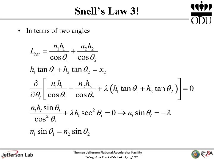Snell’s Law 3! • In terms of two angles Undergraduate Classical Mechanics Spring 2017