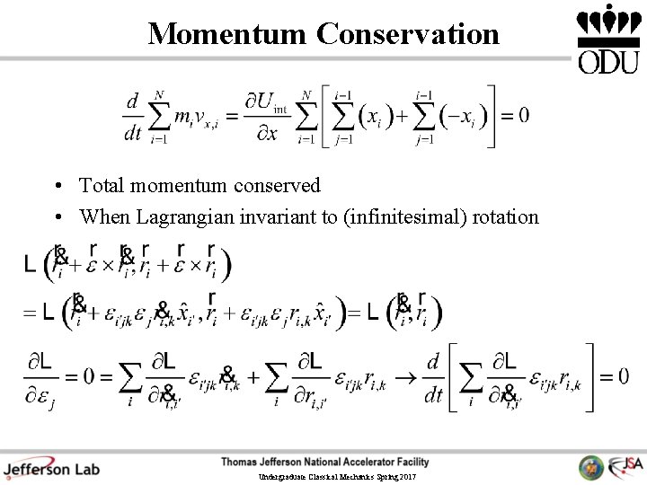 Momentum Conservation • Total momentum conserved • When Lagrangian invariant to (infinitesimal) rotation Undergraduate