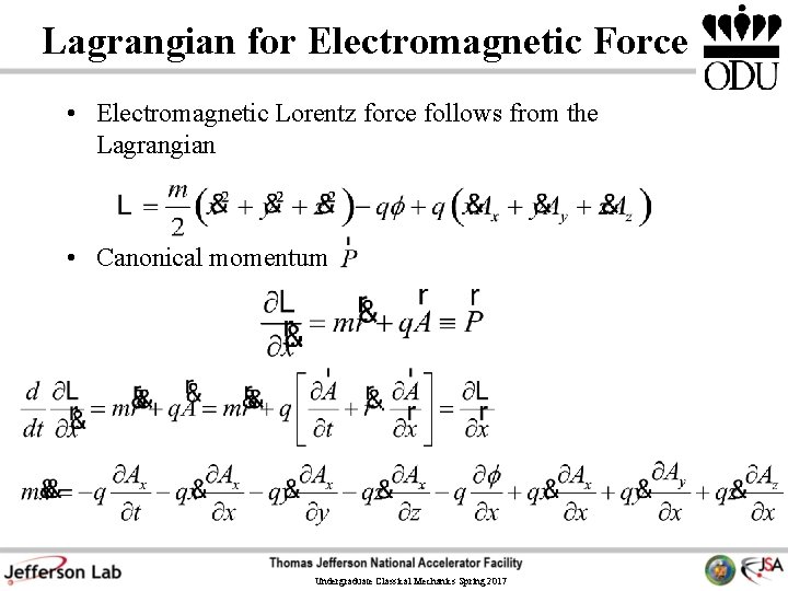 Lagrangian for Electromagnetic Force • Electromagnetic Lorentz force follows from the Lagrangian • Canonical