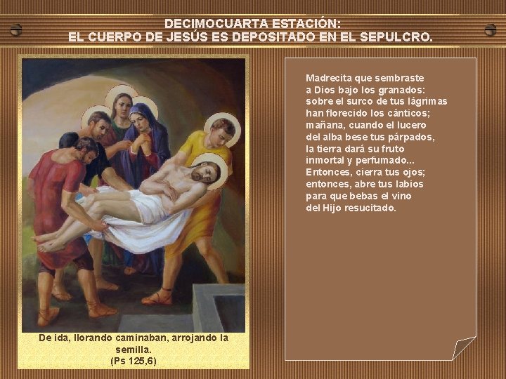 DECIMOCUARTA ESTACIÓN: EL CUERPO DE JESÚS ES DEPOSITADO EN EL SEPULCRO. Madrecita que sembraste