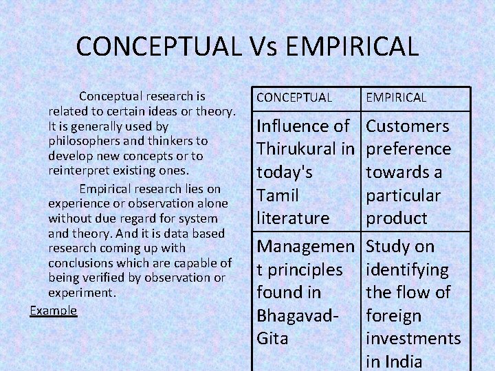 CONCEPTUAL Vs EMPIRICAL Conceptual research is related to certain ideas or theory. It is