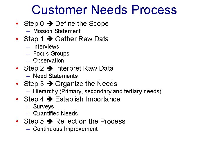Customer Needs Process • Step 0 Define the Scope – Mission Statement • Step