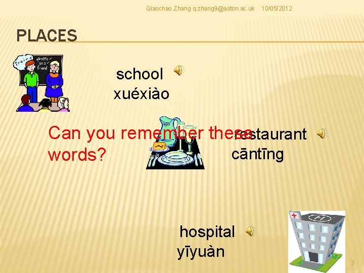 Qiaochao Zhang q. zhang 9@aston. ac. uk 10/05/2012 PLACES school xuéxiào Can you remember