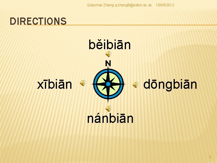 Qiaochao Zhang q. zhang 9@aston. ac. uk 10/05/2012 DIRECTIONS běibiān xībiān dōngbiān nánbiān 9