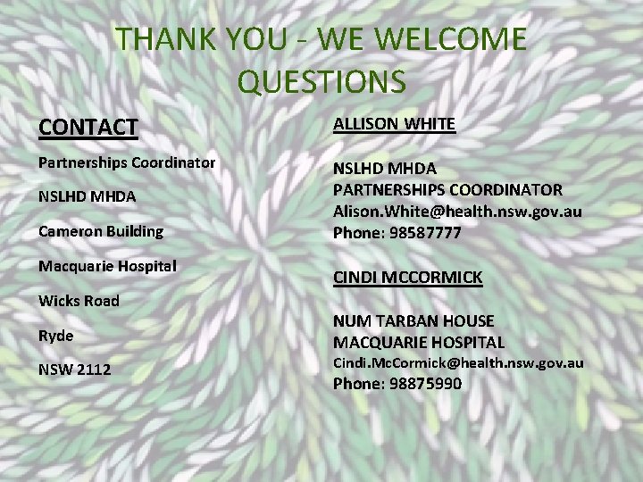 THANK YOU - WE WELCOME QUESTIONS CONTACT ALLISON WHITE Partnerships Coordinator NSLHD MHDA PARTNERSHIPS
