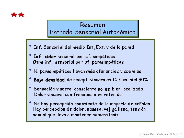 ** Resumen Entrada Sensorial Autonómica • Inf. Sensorial del medio Int, Ext. y de