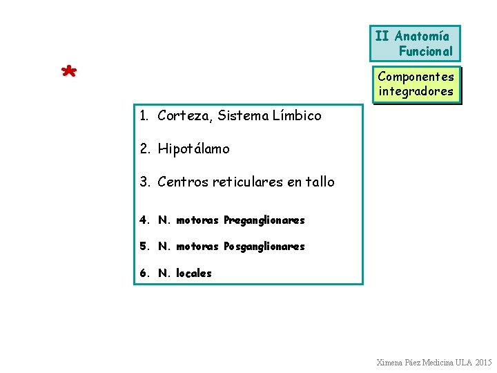 II Anatomía Funcional * Componentes integradores 1. Corteza, Sistema Límbico 2. Hipotálamo 3. Centros