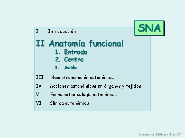I. Introducción SNA II Anatomía funcional 1. Entrada 2. Centro 3. Salida III Neurotransmisión I. Introducción SNA II Anatomía funcional 1. Entrada 2. Centro 3. Salida III Neurotransmisión