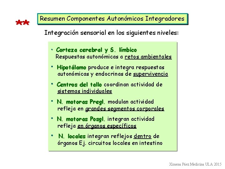 ** Resumen Componentes Autonómicos Integradores Integración sensorial en los siguientes niveles: • Corteza cerebral