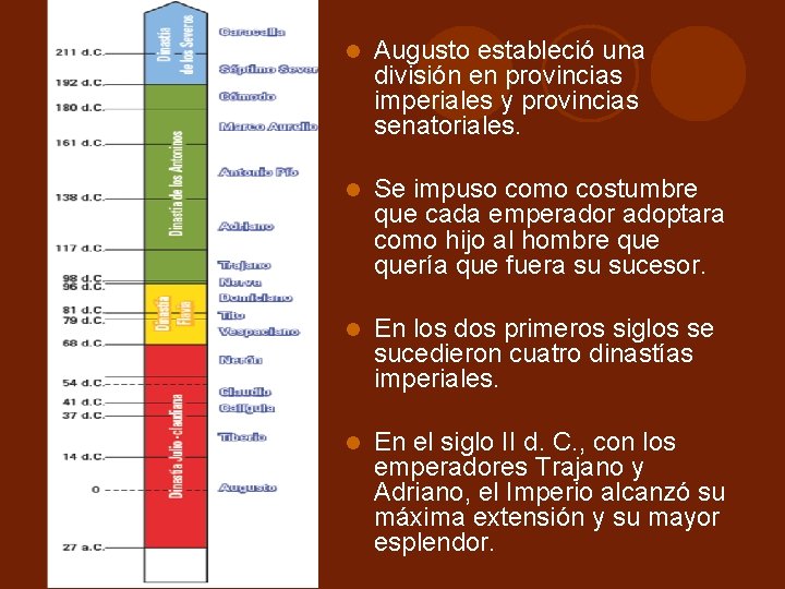 Augusto estableció una división en provincias imperiales y provincias senatoriales. Se impuso como Augusto estableció una división en provincias imperiales y provincias senatoriales. Se impuso como