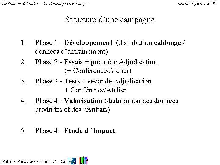 Évaluation et Traitement Automatique des Langues mardi 21 février 2006 Structure d’une campagne 1.