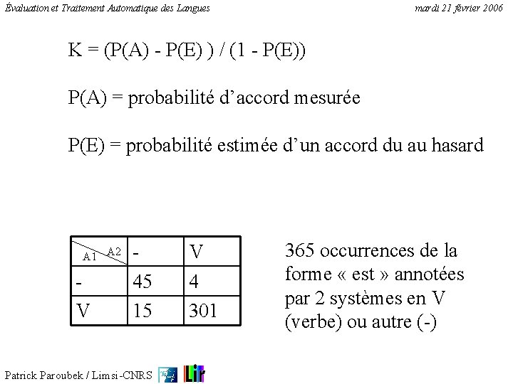 Évaluation et Traitement Automatique des Langues mardi 21 février 2006 K = (P(A) -